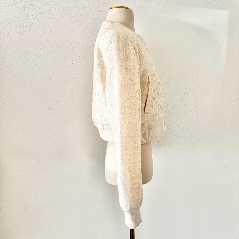 New ZARA Textured Cropped Bomber Jacket Cream Ivory Women's Size Medium Tweed M - Picture 3 of 7
